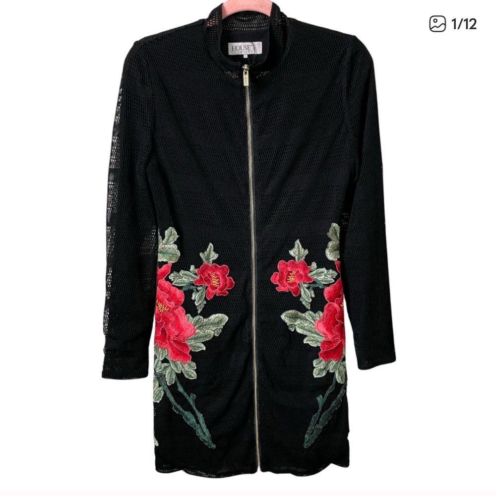 House of CB London Dress Womens Size Large Black Red Mini Floral Full Zip Mesh